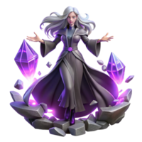 dramatic creative extraordinary abstract A lone, ethereal sorceress with flowing silver hair and glowing purple eyes, levitating above shattered crystals, bathed in the iridescent light of a dying... png