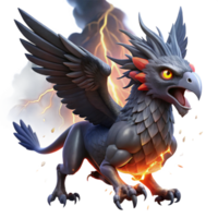 wonderful modern wonderful rustic A griffin with obsidian feathers and ruby eyes, soaring through a storm of volcanic ash, lit by flashes of lightning. Digital painting style original high quality png