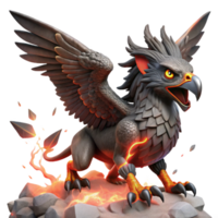 serene minimalist vibrant modern A griffin with obsidian feathers and ruby eyes, soaring through a storm of volcanic ash, lit by flashes of lightning. Digital painting style 4K 4K png