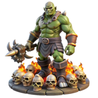 stunning rustic serene contemporary A powerful orc chieftain with intricate tribal tattoos and a massive warhammer, standing atop a pile of skulls, lit by the flickering flames of a bonfire.... png