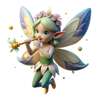 dramatic modern dramatic rustic A mischievous pixie with gossamer wings and a crown of wildflowers, playing a flute made of bone, illuminated by fireflies in a dark forest.... png