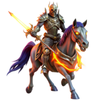 extraordinary classic dramatic rustic A spectral knight in shining armor, wielding a flaming sword, riding a skeletal steed, illuminated by the eerie glow of a ghostly battlefield.... png