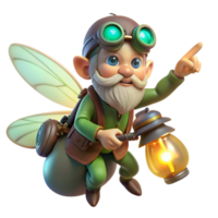 dramatic contemporary beautiful modern A whimsical, gnome tinkerer, with goggles and a clockwork arm, riding a giant, bioluminescent firefly through a dark forest.... png