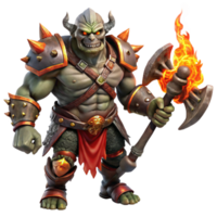 dramatic minimalist vibrant modern A fierce orc chieftain, adorned with warpaint and skulls, wielding a flaming battleaxe, amidst a storm of swirling embers.... png