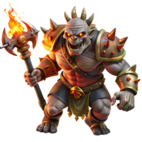 vibrant modern impressive classic A fierce orc chieftain, adorned with warpaint and skulls, wielding a flaming battleaxe, amidst a storm of swirling embers.... png