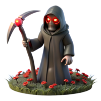 dramatic rustic magnificent abstract A menacing, shadowy figure with glowing red eyes, wielding a scythe, standing in a field of withered flowers.... png