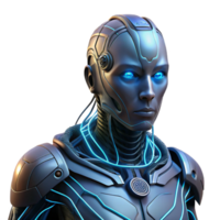 magnificent minimalist magnificent creative A stoic cyborg, intricate wires and glowing circuitry visible beneath translucent skin, lit by a single, harsh spotlight from above, cyberpunk style... png