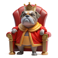 elegant modern wonderful modern A grumpy-looking bulldog wearing a miniature crown and a velvet robe, sitting on a plush, red throne, dimly lit, Renaissance painting style authentic original png