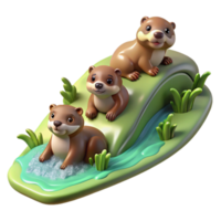 impressive modern vibrant traditional A family of playful otters sliding down a mossy riverbank, dappled sunlight filtering through the trees, illustrated children's book style premium 4K png