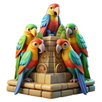 stunning creative serene abstract A group of colorful macaws perched on a giant, ancient Mayan statue, brightly lit, vibrant colors, photorealistic style exclusive exclusive png