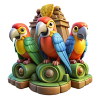 extraordinary artistic extraordinary traditional A group of colorful macaws perched on a giant, ancient Mayan statue, brightly lit, vibrant colors, photorealistic style high quality premium png