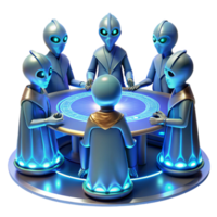 vibrant minimalist wonderful rustic A group of alien diplomats in ornate robes, gathered around a holographic table, cool blue lighting, intricate and detailed style professional authentic png