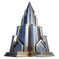 elegant artistic beautiful creative Art Deco skyscraper, chrome and glass, sharp angles, sunlight reflecting off the facade, highly polished surfaces, stylized geometric patterns, volumetric... png