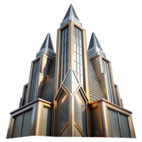 impressive modern dramatic creative Art Deco skyscraper, chrome and glass, sharp angles, sunlight reflecting off the facade, highly polished surfaces, stylized geometric patterns, volumetric... png
