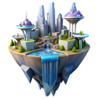 impressive rustic dramatic classic A floating island city, interconnected platforms, waterfalls cascading down the sides, futuristic architecture, vibrant colors, aerial perspective, digital... png