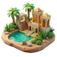 extraordinary classic impressive classic A desert oasis with a hidden temple, lush vegetation, shimmering water, ancient architecture, warm desert lighting, detailed textures, realistic style... png