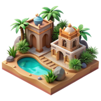 elegant vintage wonderful classic A desert oasis with a hidden temple, lush vegetation, shimmering water, ancient architecture, warm desert lighting, detailed textures, realistic style high... png