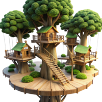 impressive classic vibrant minimalist A treehouse village built into giant redwood trees, intricate walkways and platforms, sunlight filtering through the leaves, fantasy setting, detailed... png