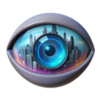beautiful rustic dramatic contemporary A single, human eye augmented with a complex HUD display, reflecting a vibrant digital cityscape, in a dark, gritty style 4K authentic png