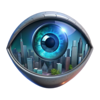 beautiful minimalist impressive modern A single, human eye augmented with a complex HUD display, reflecting a vibrant digital cityscape, in a dark, gritty style original 4K png