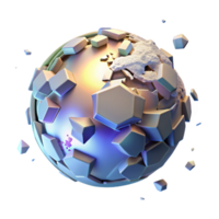 serene vintage dramatic artistic A holographic projection of the Earth shattering into fragments, illuminated by a harsh, white light, in a dystopian style authentic high resolution png