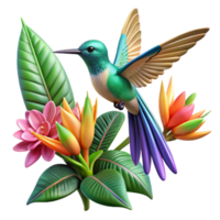 extraordinary traditional dramatic abstract A hummingbird hovering in mid-air, its iridescent feathers catching the light, surrounded by vibrant, tropical flowers.... png