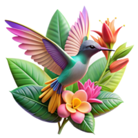 elegant vintage impressive rustic A hummingbird hovering in mid-air, its iridescent feathers catching the light, surrounded by vibrant, tropical flowers. Nature photography style professional 4K png