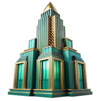impressive abstract wonderful contemporary Art Deco skyscraper, vibrant teal and gold accents, intricate geometric patterns, sharp shadows cast by a late afternoon sun, volumetric lighting high... png