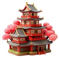 dramatic classic magnificent rustic A traditional Japanese castle, intricate wooden details and red lacquer, cherry blossom trees in bloom, soft daylight authentic high resolution png