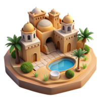 elegant rustic impressive traditional A desert oasis city built around a central water source, earthen architecture, bright midday sun, Middle Eastern inspired style detailed high quality png