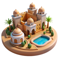 wonderful vintage dramatic rustic A desert oasis city built around a central water source, earthen architecture, bright midday sun, Middle Eastern inspired style high resolution authentic png