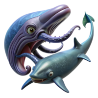 dramatic modern serene contemporary A giant squid battling a sperm whale in the depths of the ocean, dynamic action, dark and mysterious lighting, dramatic style authentic high resolution png