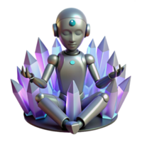 serene minimalist elegant abstract A humanoid robot meditating amidst a field of glowing crystals, soft, ambient lighting, art deco style, genuine authentic png