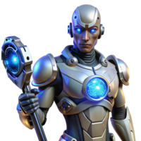 stunning modern magnificent modern A cyborg with glowing amber eyes and intricate clockwork mechanisms visible beneath transparent skin, holding a futuristic weapon pulsing with blue energy.... png