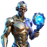serene creative serene vintage A cyborg with glowing amber eyes and intricate clockwork mechanisms visible beneath transparent skin, holding a futuristic weapon pulsing with blue energy.... png