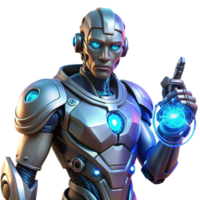 wonderful creative serene abstract A cyborg with glowing amber eyes and intricate clockwork mechanisms visible beneath transparent skin, holding a futuristic weapon pulsing with blue energy.... png