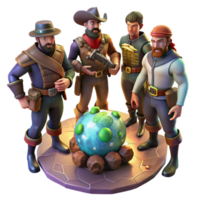 beautiful rustic beautiful minimalist A group of space pirates, clad in ragged clothing and wielding laser pistols, gathered around a holographic map of a treasure planet.... png