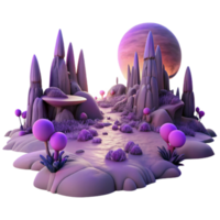 vibrant creative magnificent minimalist A desolate alien landscape, with strange, rock formations and glowing purple vegetation, bathed in the eerie light of a binary sunset.... png