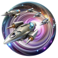 impressive creative beautiful creative A fleet of sleek, silver spaceships, warping through a swirling vortex of colorful nebulae, illuminated by the intense light of the warp drive.... png