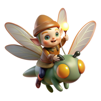 lindo rústico magnífico moderno uma caprichoso gnomo equitação uma gigante vaga-lume através uma luminescente floresta, suave iluminação, sonhe como, ghibli estilo Alto resolução autêntico png