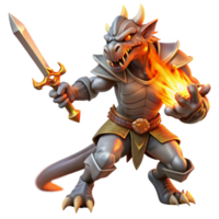 impressive rustic magnificent modern A fierce dragonborn warrior wielding a flaming sword, dynamic pose, dramatic lighting, Frank Frazetta style professional original png