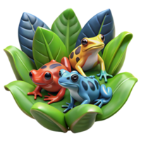 serene abstract magnificent vintage A group of colorful poison dart frogs sitting on lush green leaves, in a vibrant, rainforest setting, with macro photography style original authentic png
