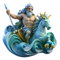 elegant classic magnificent vintage Poseidon, God of the Sea, commanding a tempestuous ocean from his chariot pulled by hippocamps, waves crashing around him in a dynamic composition, art nouveau... png