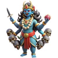 vibrant rustic stunning artistic A fierce Kali, adorned with skulls and wielding weapons, standing on a defeated demon, vibrant colors and intricate details, in a traditional Indian painting style... png