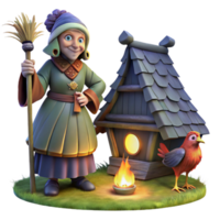 serene classic extraordinary contemporary A wise Baba Yaga standing in front of her chicken-legged hut, surrounded by a dark forest, illuminated by moonlight, in a Slavic folklore art style high... png