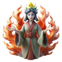 serene rustic beautiful minimalist Izanami, the Japanese goddess of creation and death, emerging from the underworld, surrounded by ghostly flames, in a Ukiyo-e woodblock print style professional... png