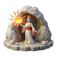 serene traditional impressive contemporary A triumphant Amaterasu emerging from the cave, bringing light back to the world, radiant and powerful, in a Japanese mythology inspired painting style... png