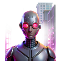 impressive minimalist dramatic abstract A cyborg with glowing crimson eyes and intricate cybernetic implants stares defiantly into the camera, lit by the flickering neon signs of a cyberpunk... png