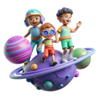 serene modern elegant classic A group of children, wearing futuristic clothing, play amongst the floating islands of a gas giant. Whimsical, colorful style exclusive premium png