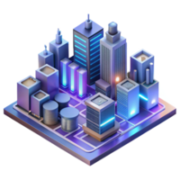 beautiful contemporary extraordinary minimalist A microscale city built on a circuit board, neon lights and data streams flowing through the structures, cyberpunk style, isometric view professional 4K png